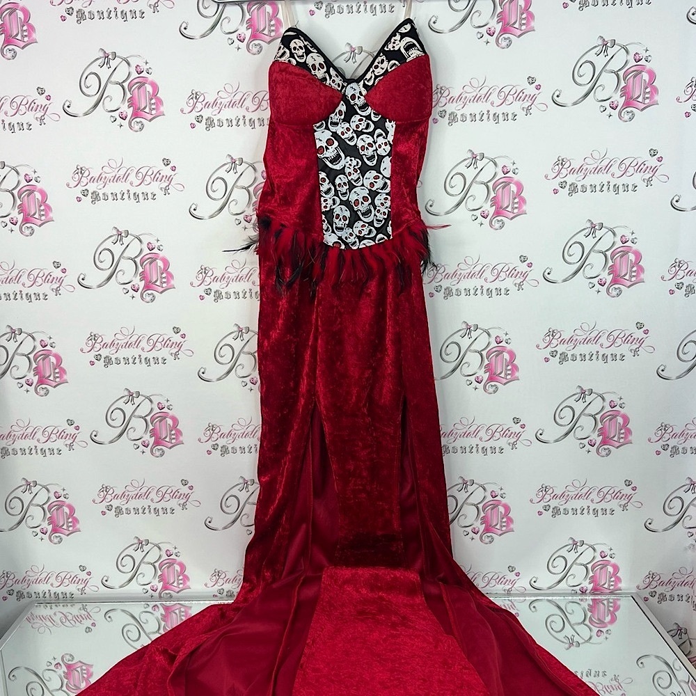 California Costumes voodoo priestress velour feather Red Black Skull Dress goth